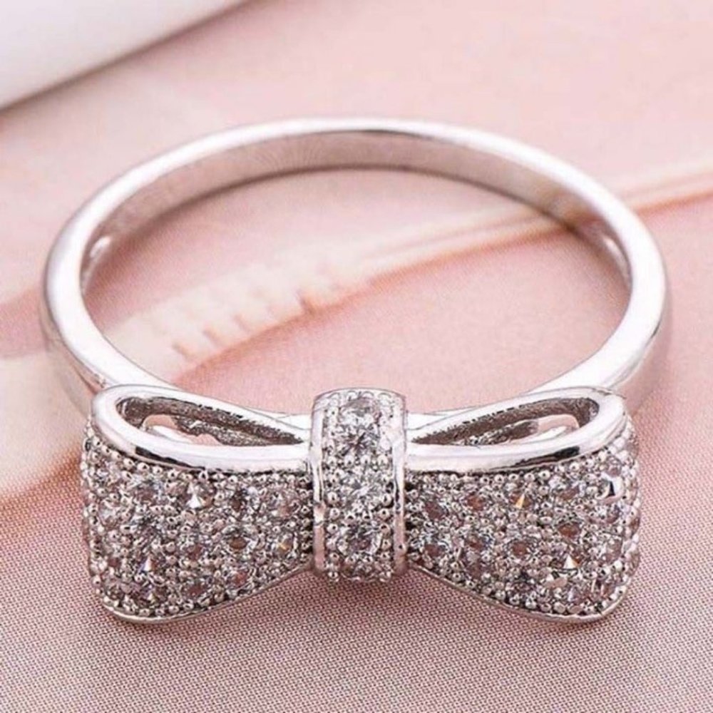 NEW 925 Sterling Silver Diamond Milgrain Bow Ring - Picture 3 of 5
